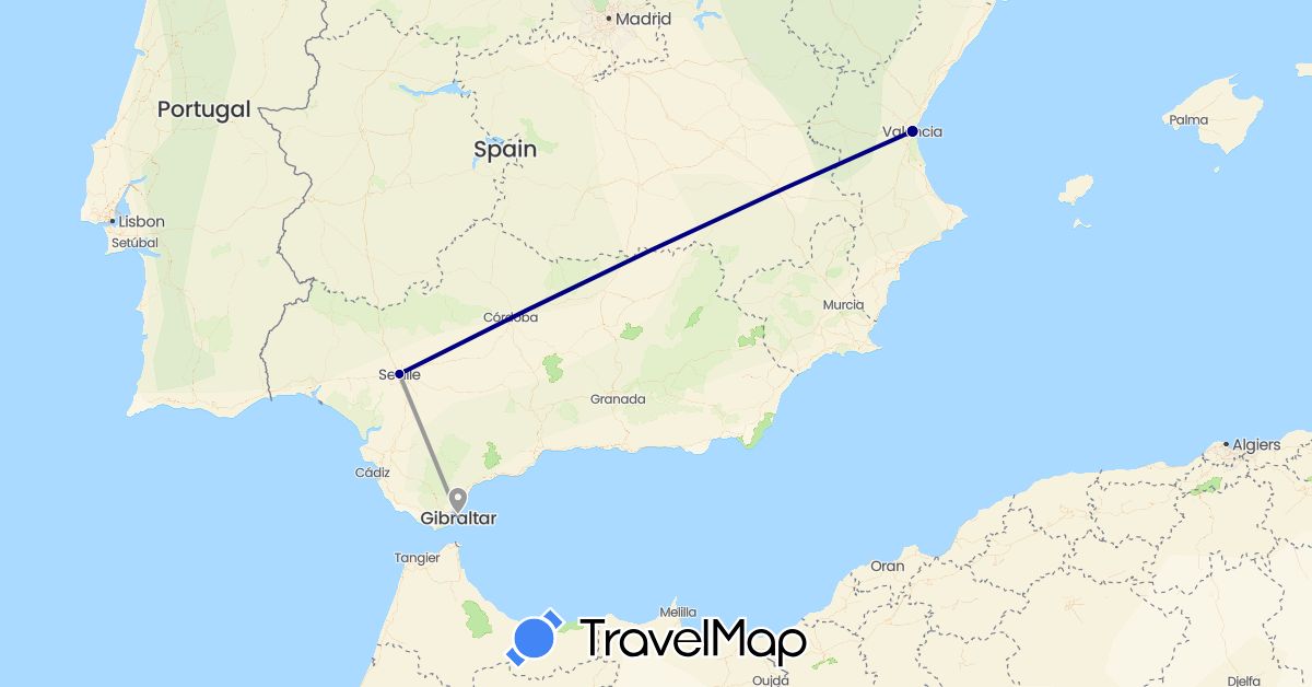 TravelMap itinerary: driving, plane in Spain, Gibraltar (Europe)